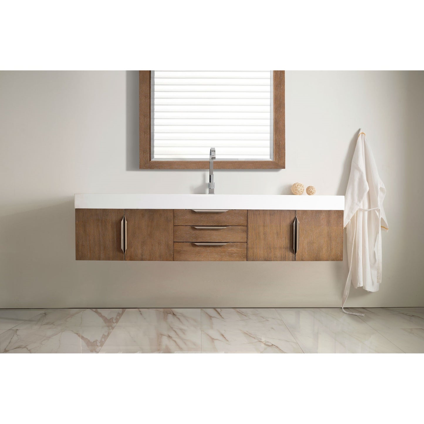 James Martin Vanities Columbia 72" Latte Oak and Brushed Nickel Single Wall Mount Vanity With Glossy White Composite Stone Top