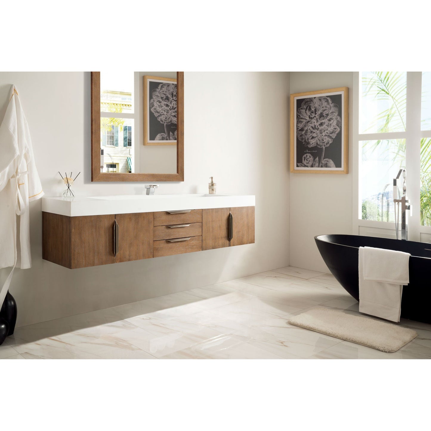 James Martin Vanities Columbia 72" Latte Oak and Brushed Nickel Single Wall Mount Vanity With Glossy White Composite Stone Top