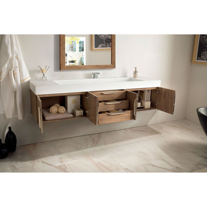 James Martin Vanities Columbia 72" Latte Oak and Brushed Nickel Single Wall Mount Vanity With Glossy White Composite Stone Top