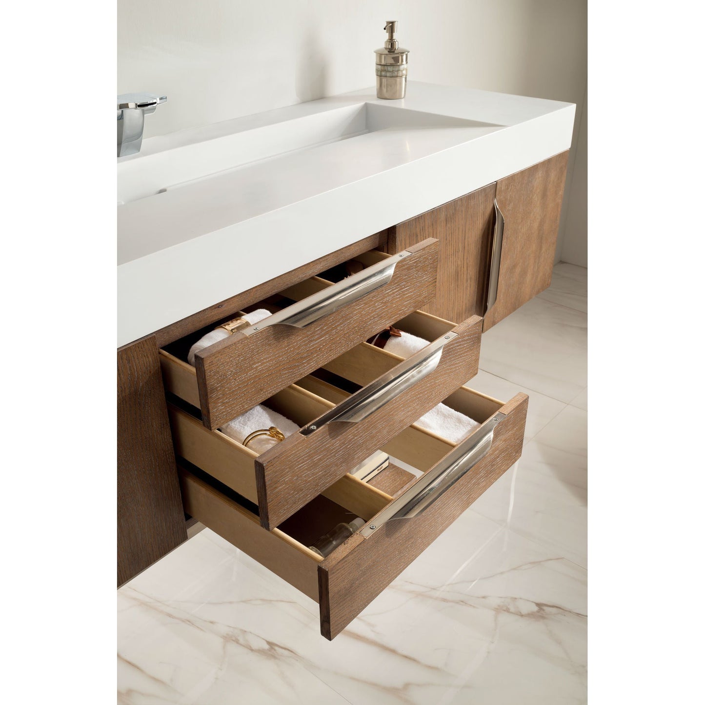 James Martin Vanities Columbia 72" Latte Oak and Brushed Nickel Single Wall Mount Vanity With Glossy White Composite Stone Top