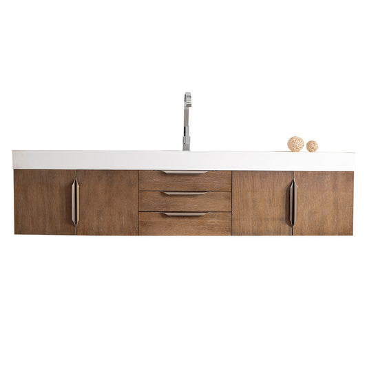 James Martin Vanities Columbia 72" Latte Oak and Brushed Nickel Single Wall Mount Vanity With Glossy White Composite Stone Top