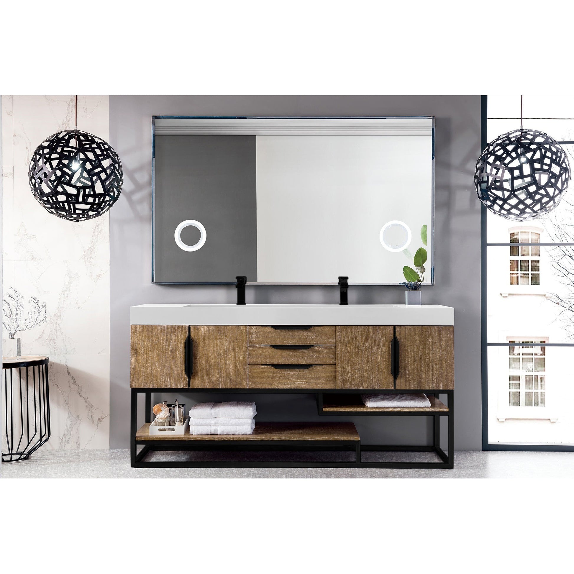 James Martin Vanities Columbia 72" Latte Oak and Matte Black Double Vanity With Glossy White Composite Stone Top