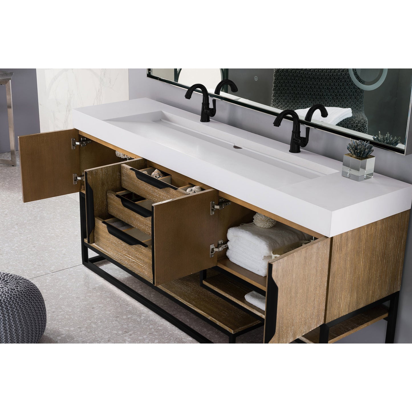 James Martin Vanities Columbia 72" Latte Oak and Matte Black Double Vanity With Glossy White Composite Stone Top