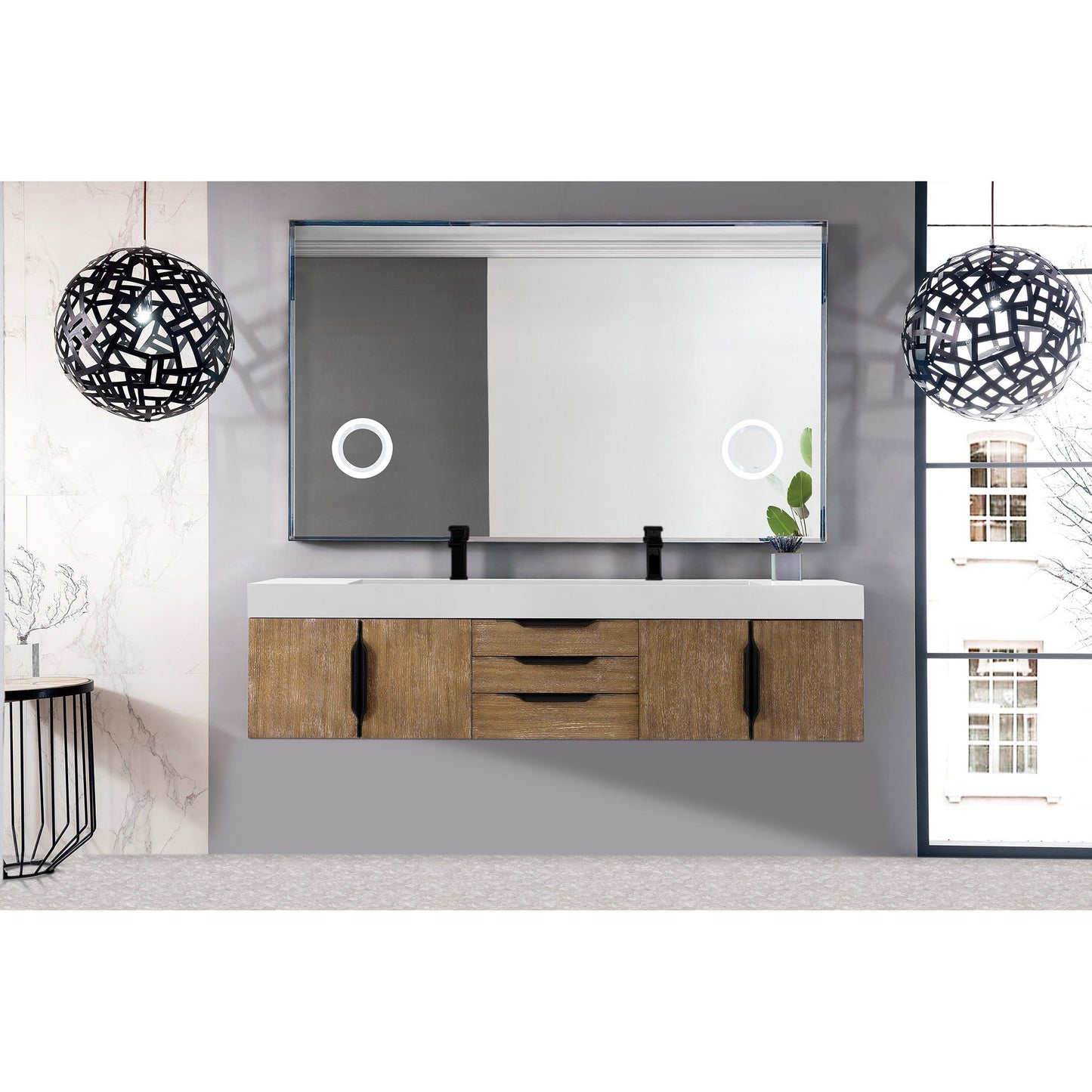 James Martin Vanities Columbia 72" Latte Oak and Matte Black Double Wall Mount Vanity With Glossy White Composite Stone Top