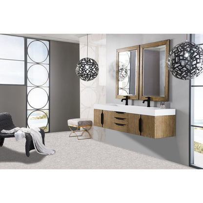 James Martin Vanities Columbia 72" Latte Oak and Matte Black Double Wall Mount Vanity With Glossy White Composite Stone Top