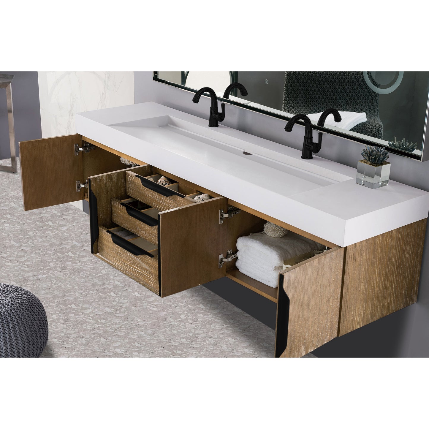 James Martin Vanities Columbia 72" Latte Oak and Matte Black Double Wall Mount Vanity With Glossy White Composite Stone Top