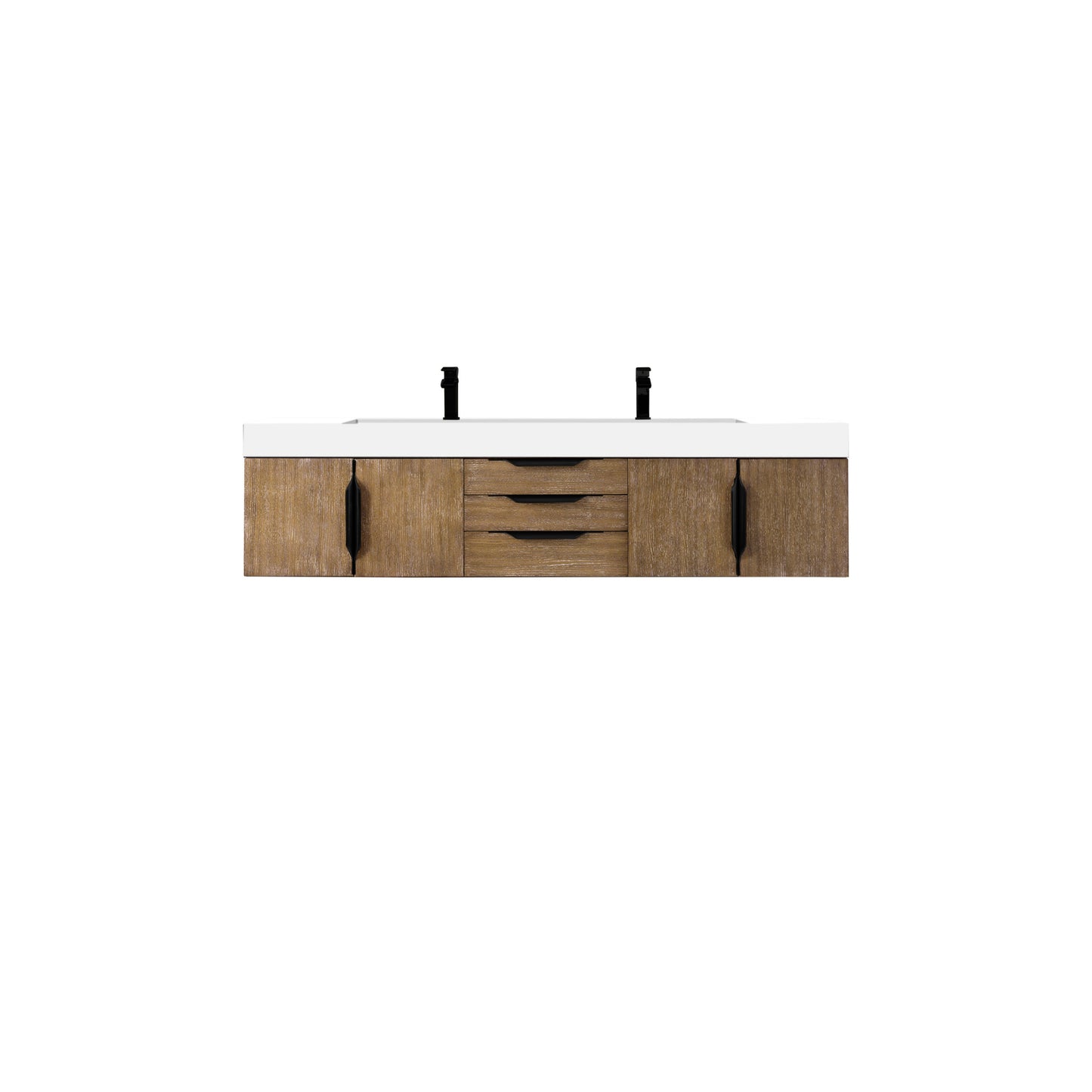 James Martin Vanities Columbia 72" Latte Oak and Matte Black Double Wall Mount Vanity With Glossy White Composite Stone Top