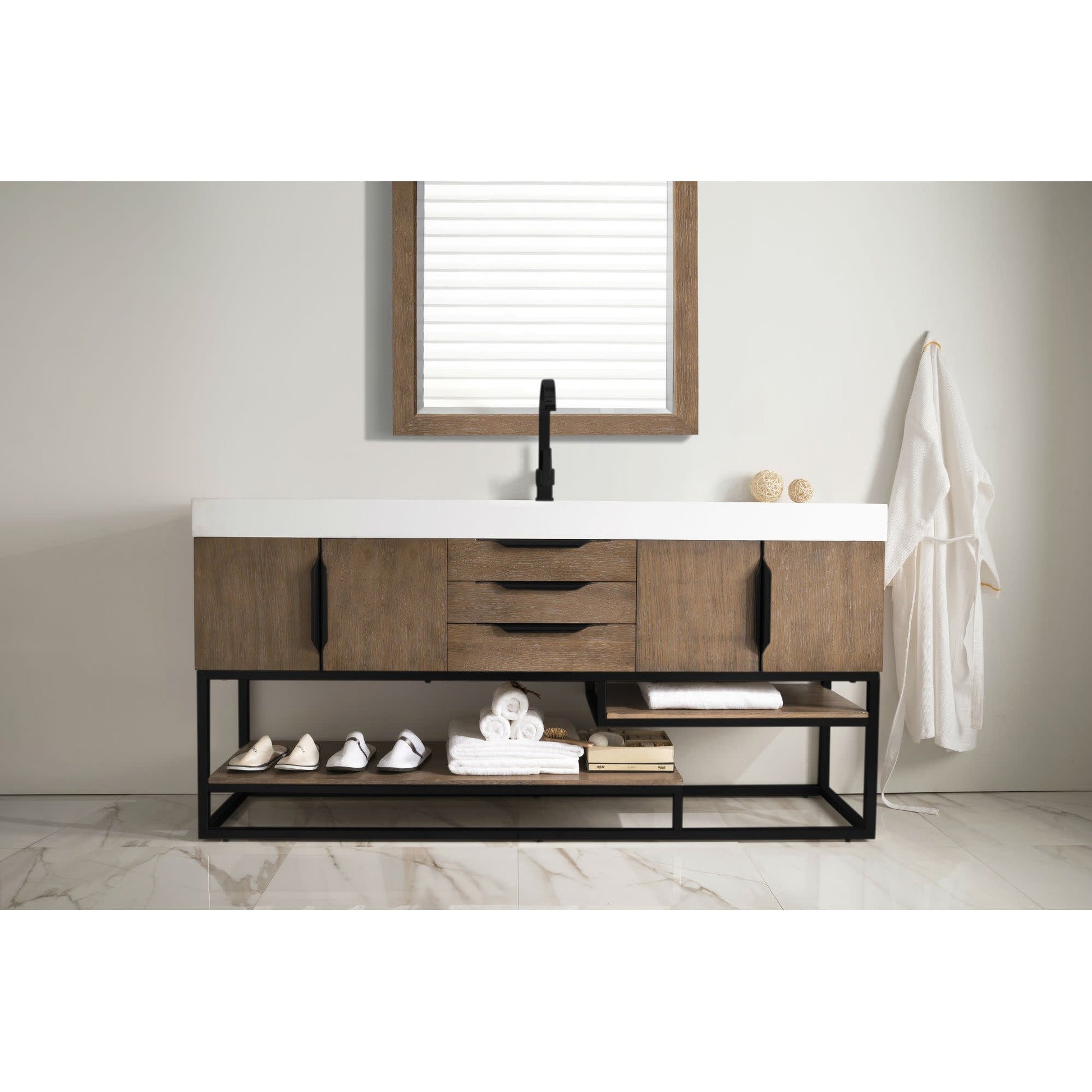 James Martin Vanities Columbia 72" Latte Oak and Matte Black Single Vanity With Glossy White Composite Stone Top