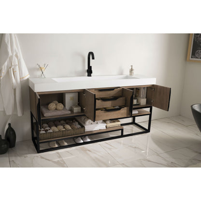 James Martin Vanities Columbia 72" Latte Oak and Matte Black Single Vanity With Glossy White Composite Stone Top