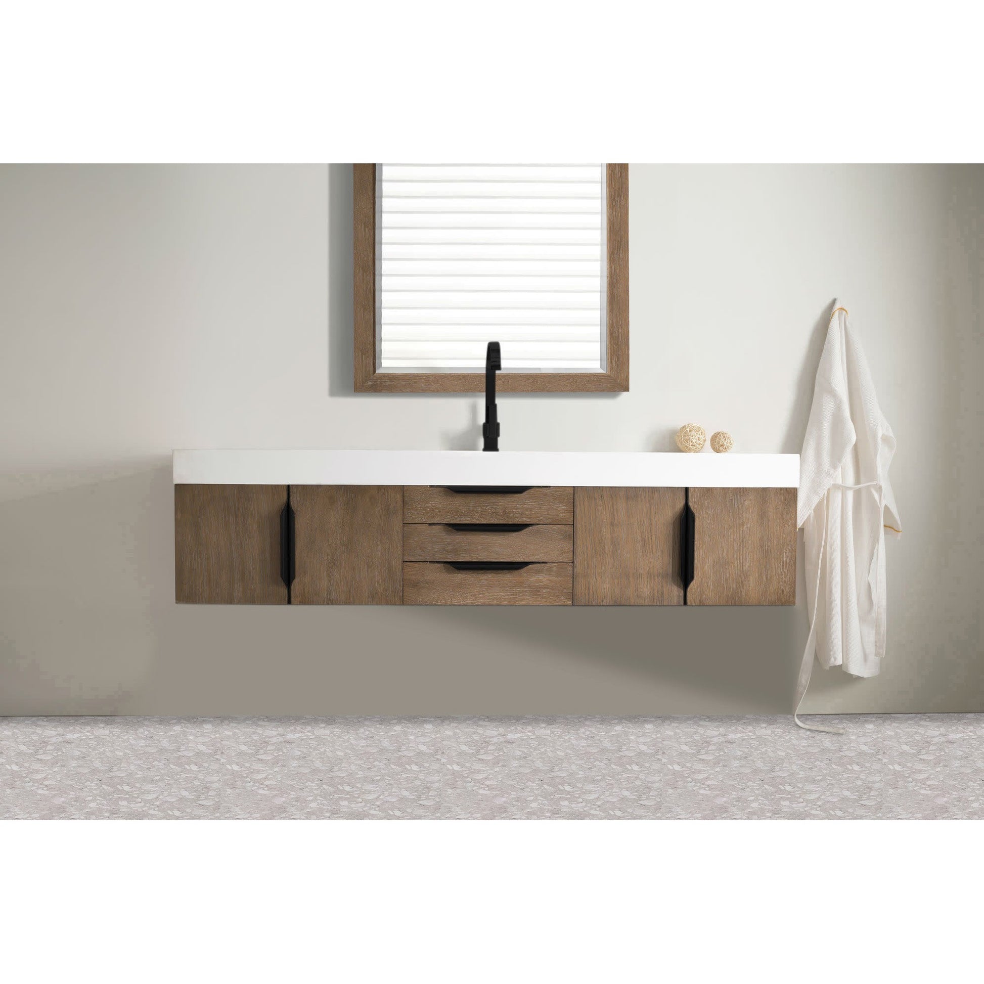 James Martin Vanities Columbia 72" Latte Oak and Matte Black Single Wall Mount Vanity With Glossy White Composite Stone Top