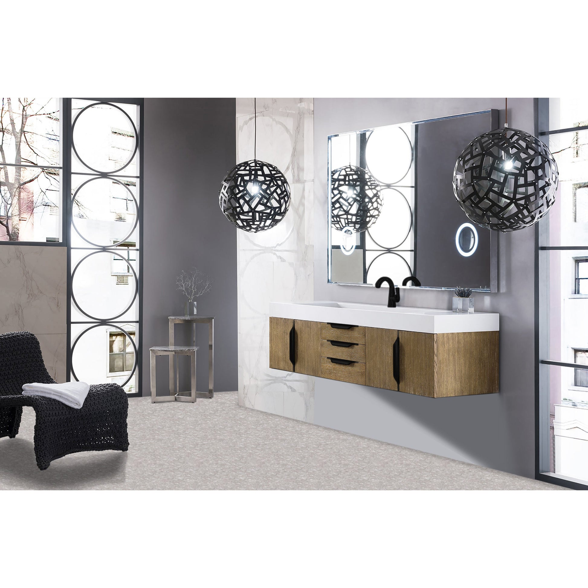 James Martin Vanities Columbia 72" Latte Oak and Matte Black Single Wall Mount Vanity With Glossy White Composite Stone Top