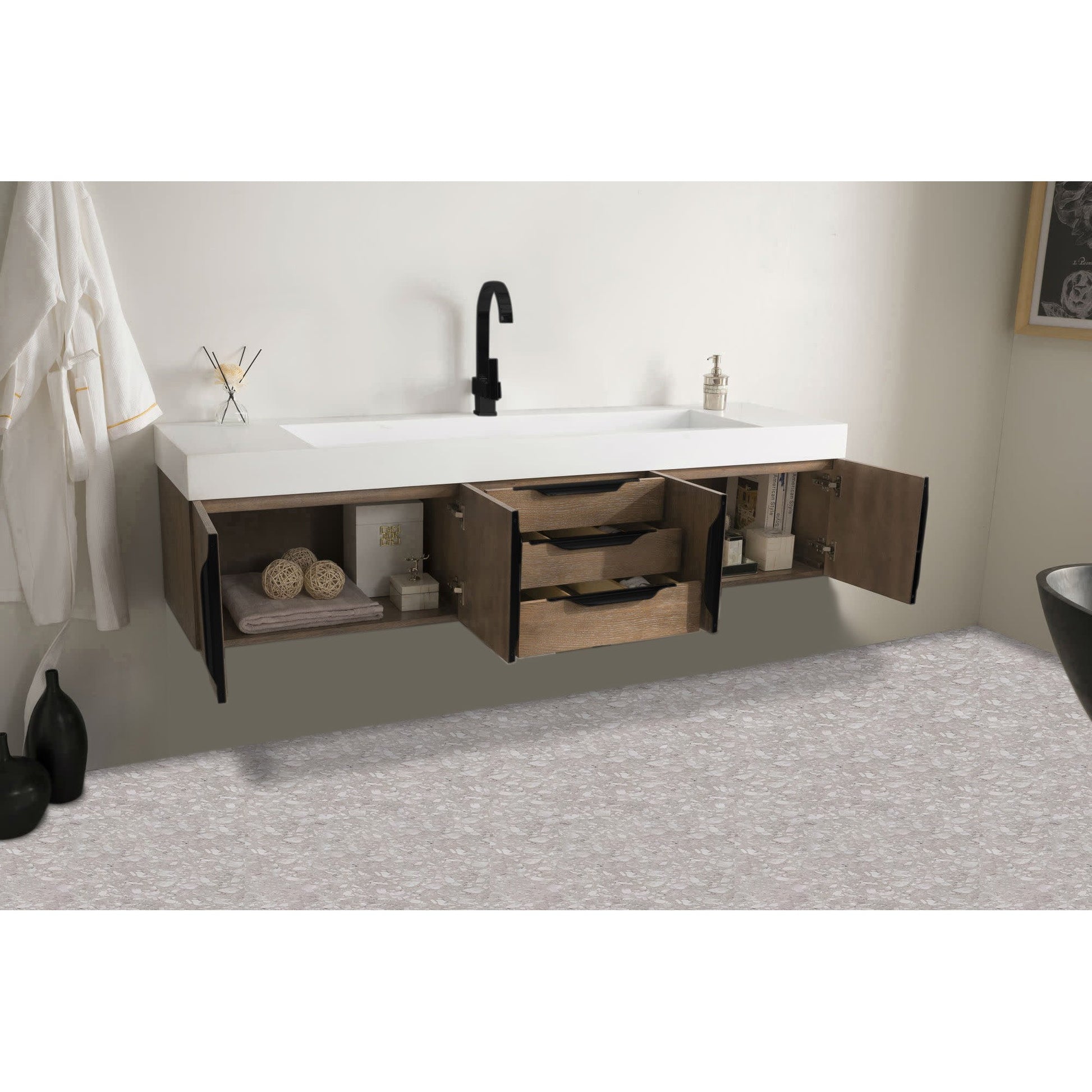 James Martin Vanities Columbia 72" Latte Oak and Matte Black Single Wall Mount Vanity With Glossy White Composite Stone Top