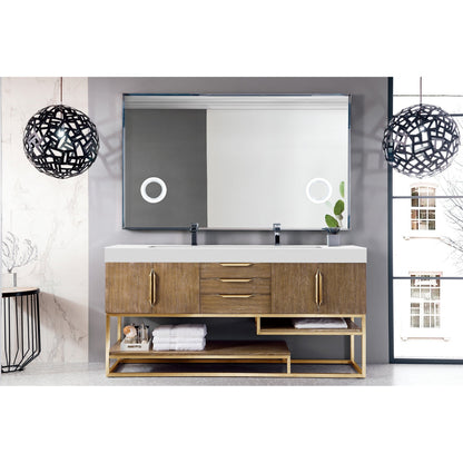 James Martin Vanities Columbia 72" Latte Oak and Radiant Gold Double Vanity With Glossy White Composite Stone Top