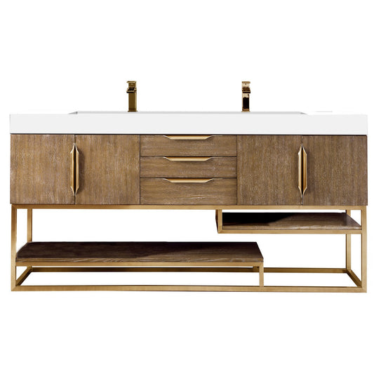 James Martin Vanities Columbia 72" Latte Oak and Radiant Gold Double Vanity With Glossy White Composite Stone Top