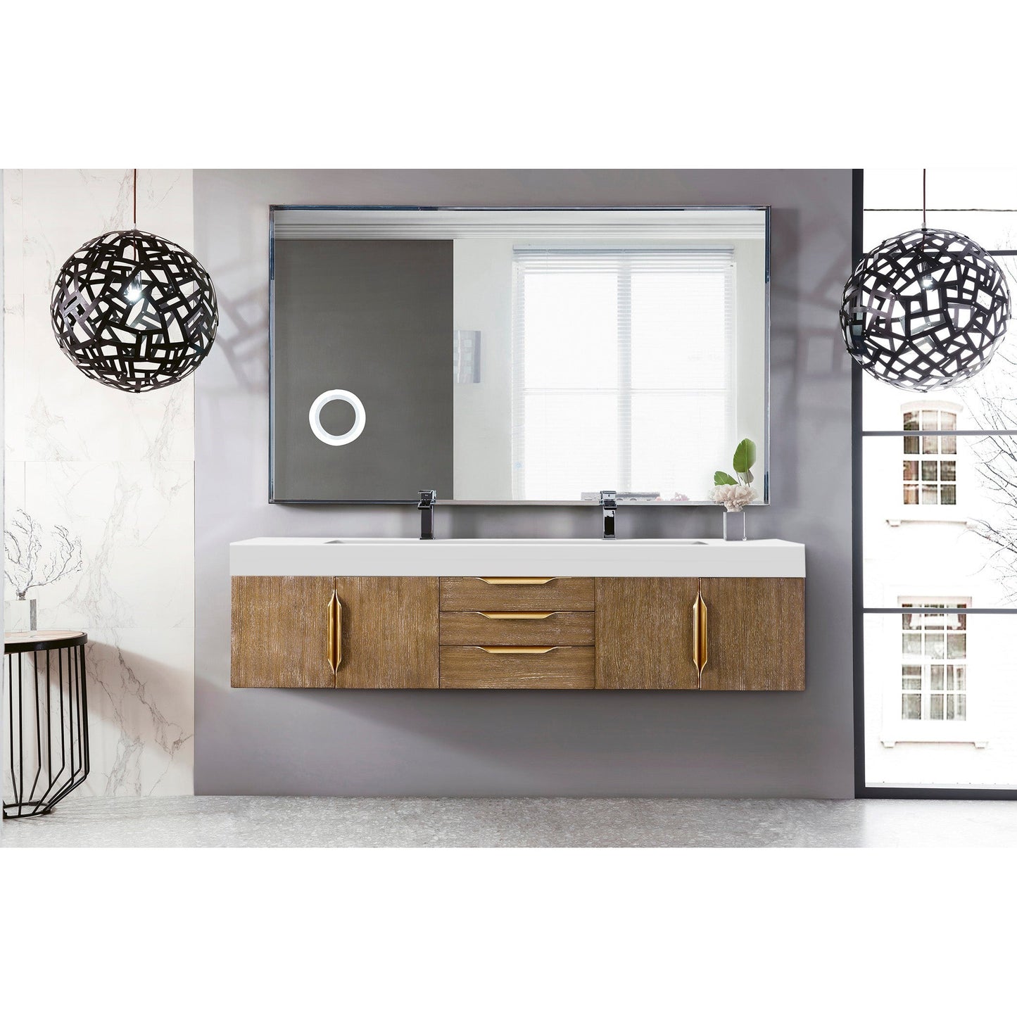 James Martin Vanities Columbia 72" Latte Oak and Radiant Gold Double Wall Mount Vanity With Glossy White Composite Stone Top