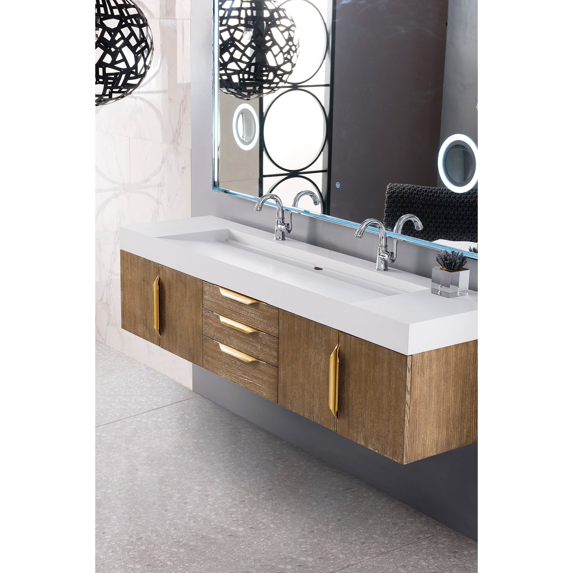 James Martin Vanities Columbia 72" Latte Oak and Radiant Gold Double Wall Mount Vanity With Glossy White Composite Stone Top