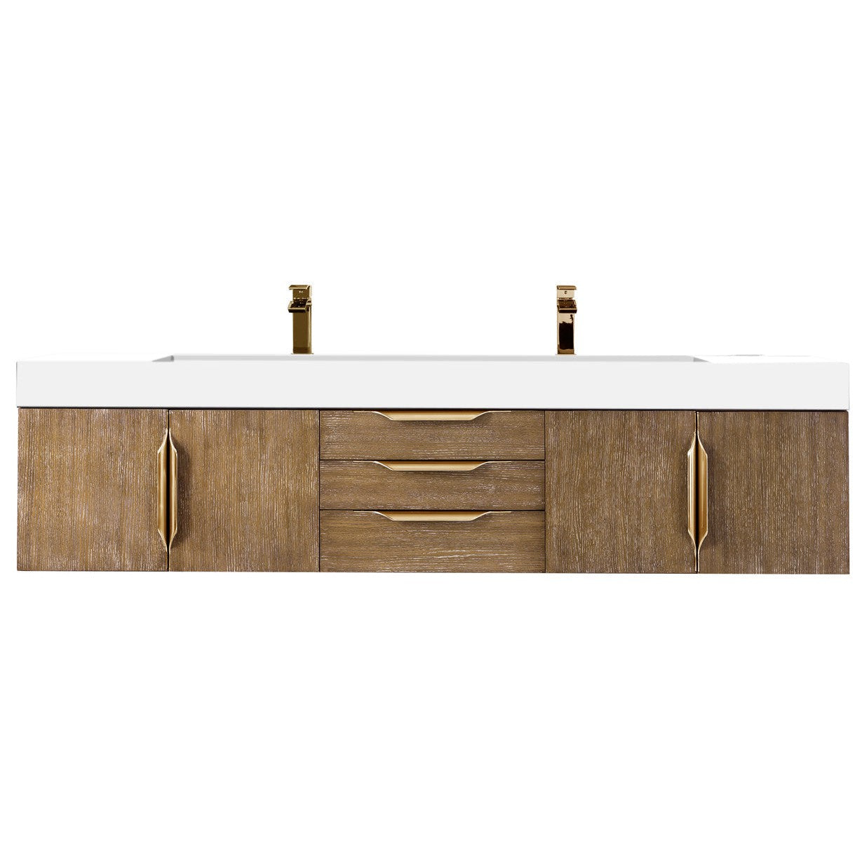 James Martin Vanities Columbia 72" Latte Oak and Radiant Gold Double Wall Mount Vanity With Glossy White Composite Stone Top