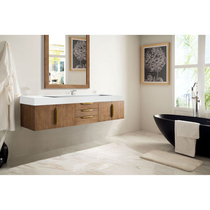 James Martin Vanities Columbia 72" Latte Oak and Radiant Gold Single Wall Mount Vanity With Glossy White Composite Stone Top