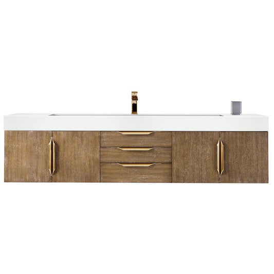 James Martin Vanities Columbia 72" Latte Oak and Radiant Gold Single Wall Mount Vanity With Glossy White Composite Stone Top