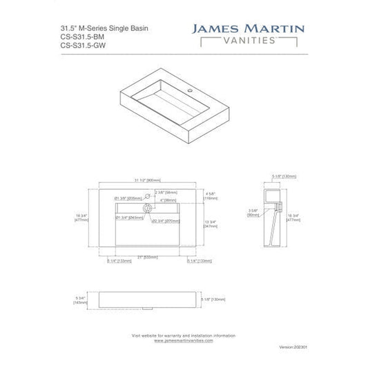 James Martin Vanities Composite Sinks 32" Black Matte Countertop