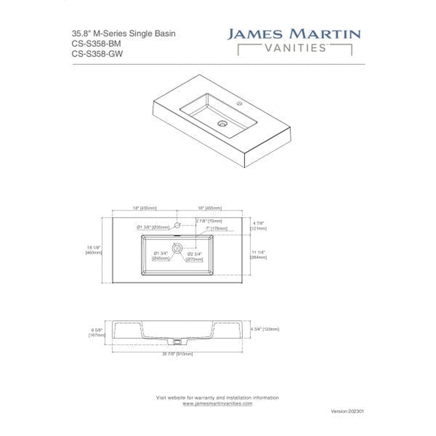 James Martin Vanities Composite Sinks 36" Black Matte Countertop