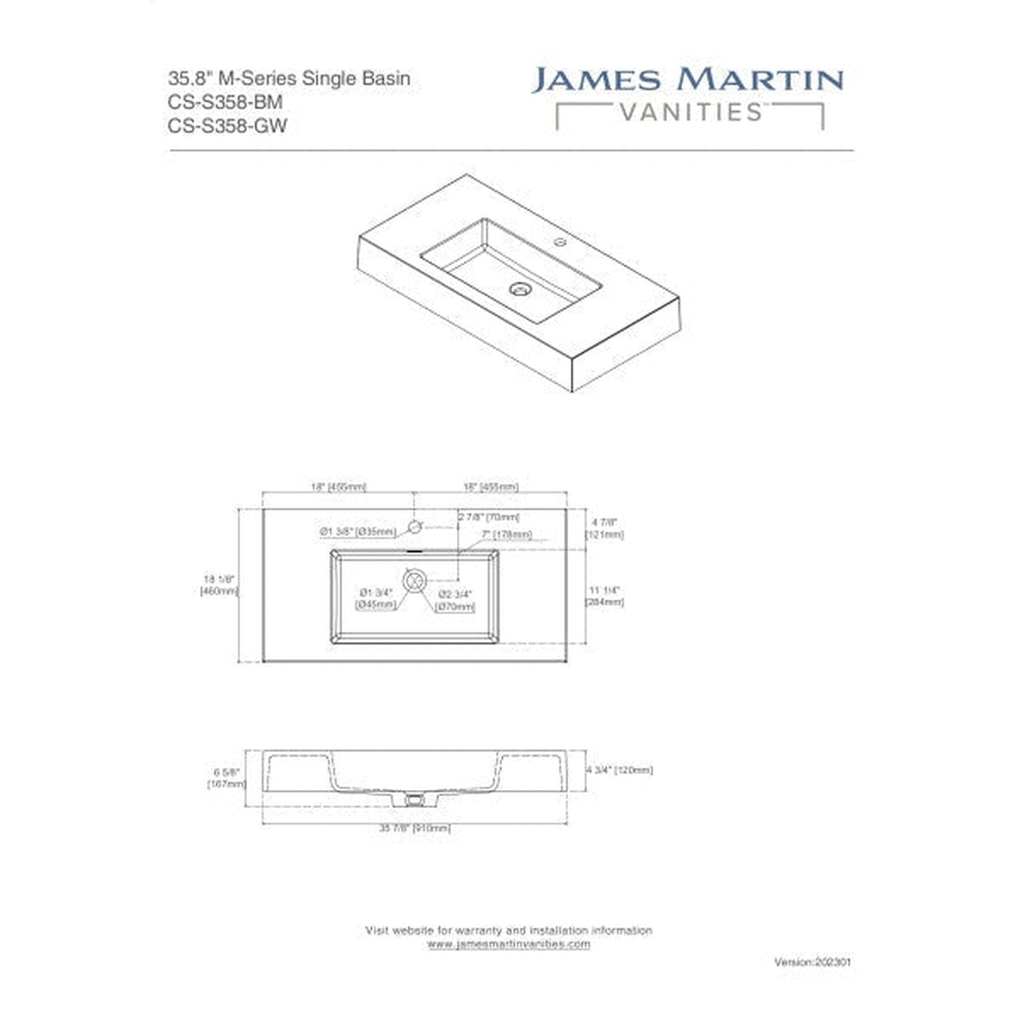 James Martin Vanities Composite Sinks 36" Glossy White Countertop