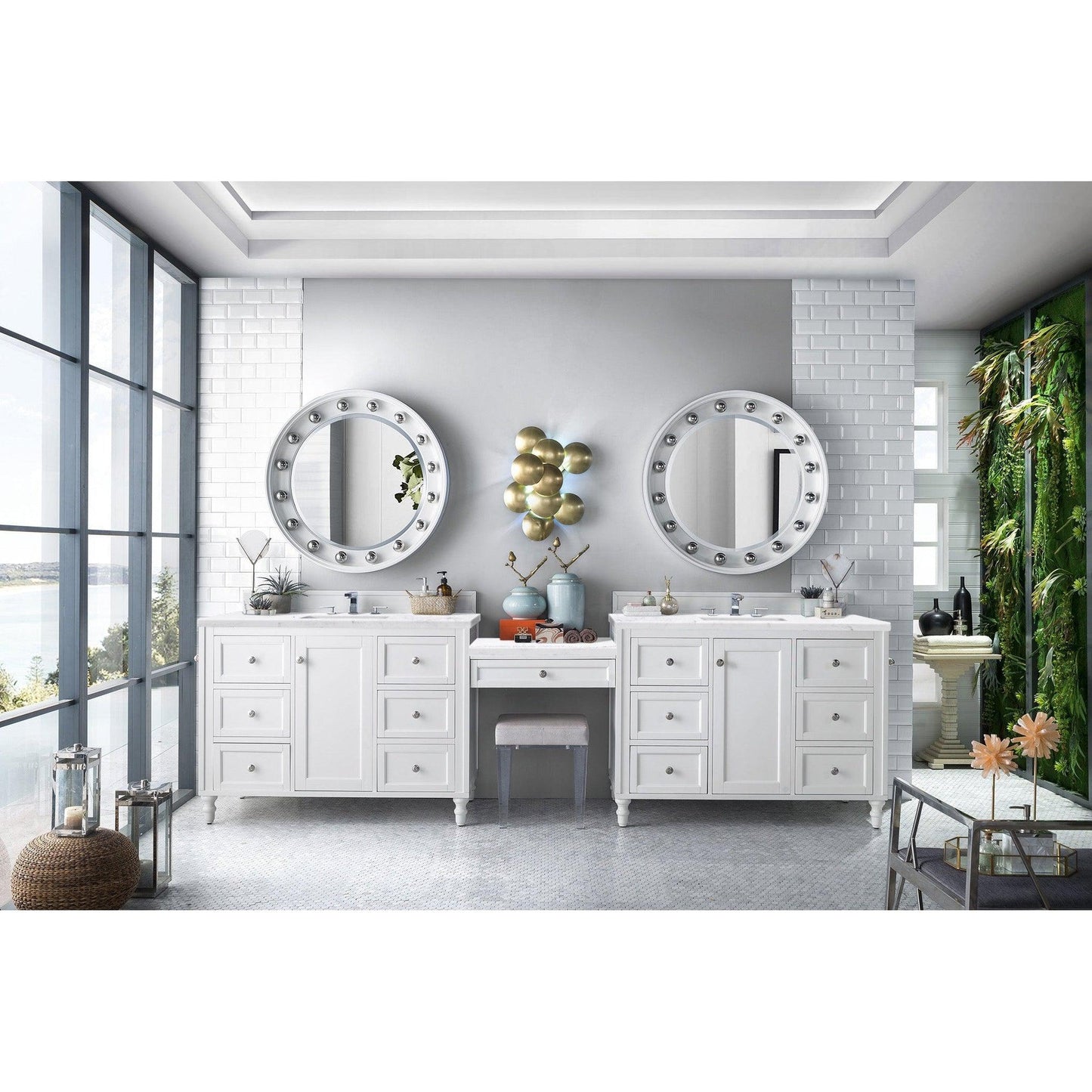 James Martin Vanities Copper Cove Encore 122" Bright White Double Vanity Set With Makeup Table, 3cm Arctic Fall Solid Surface Top