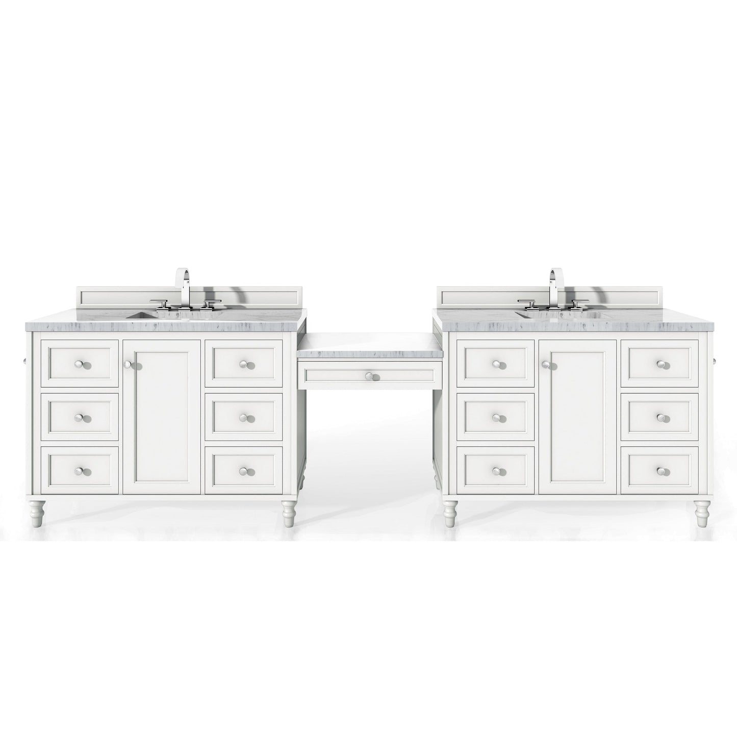James Martin Vanities Copper Cove Encore 122" Bright White Double Vanity Set With Makeup Table, 3cm Arctic Fall Solid Surface Top