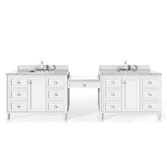 James Martin Vanities Copper Cove Encore 122" Bright White Double Vanity Set With Makeup Table, 3cm Arctic Fall Solid Surface Top