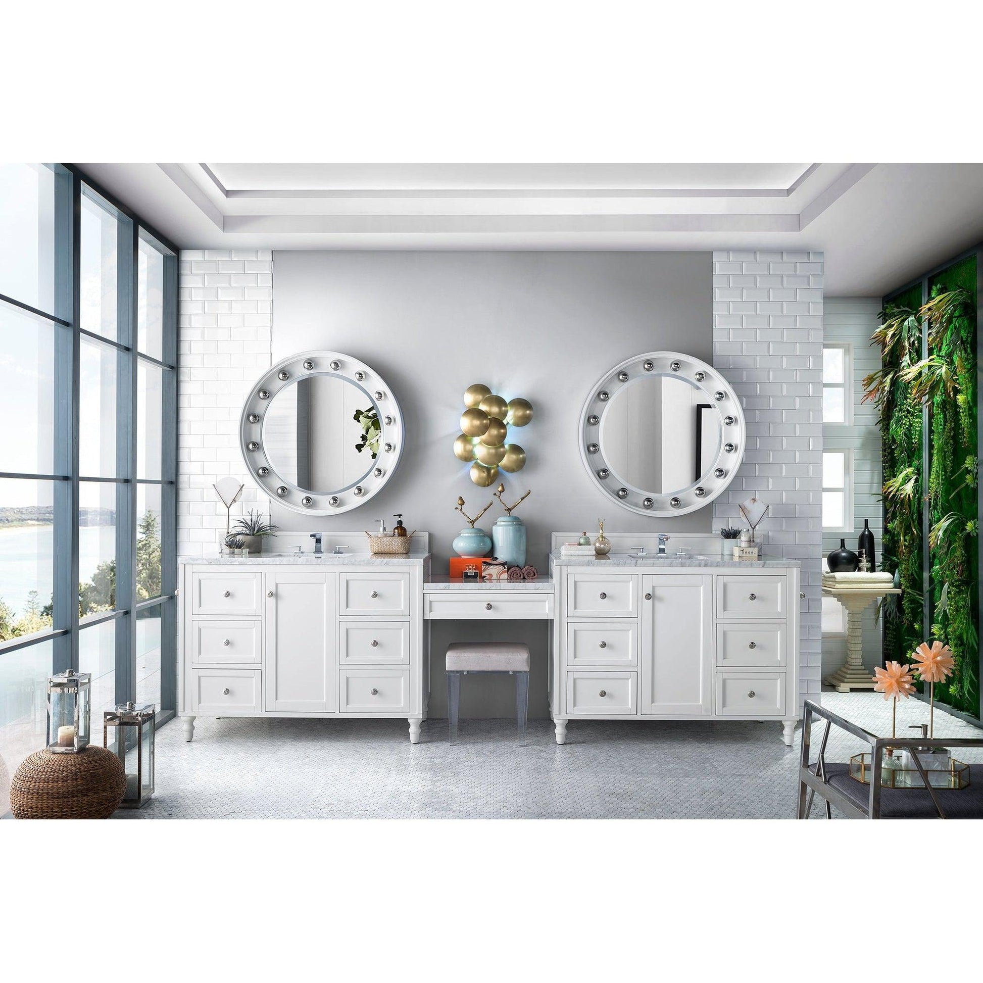 James Martin Vanities Copper Cove Encore 122" Bright White Double Vanity Set With Makeup Table, 3cm Carrara Marble Top