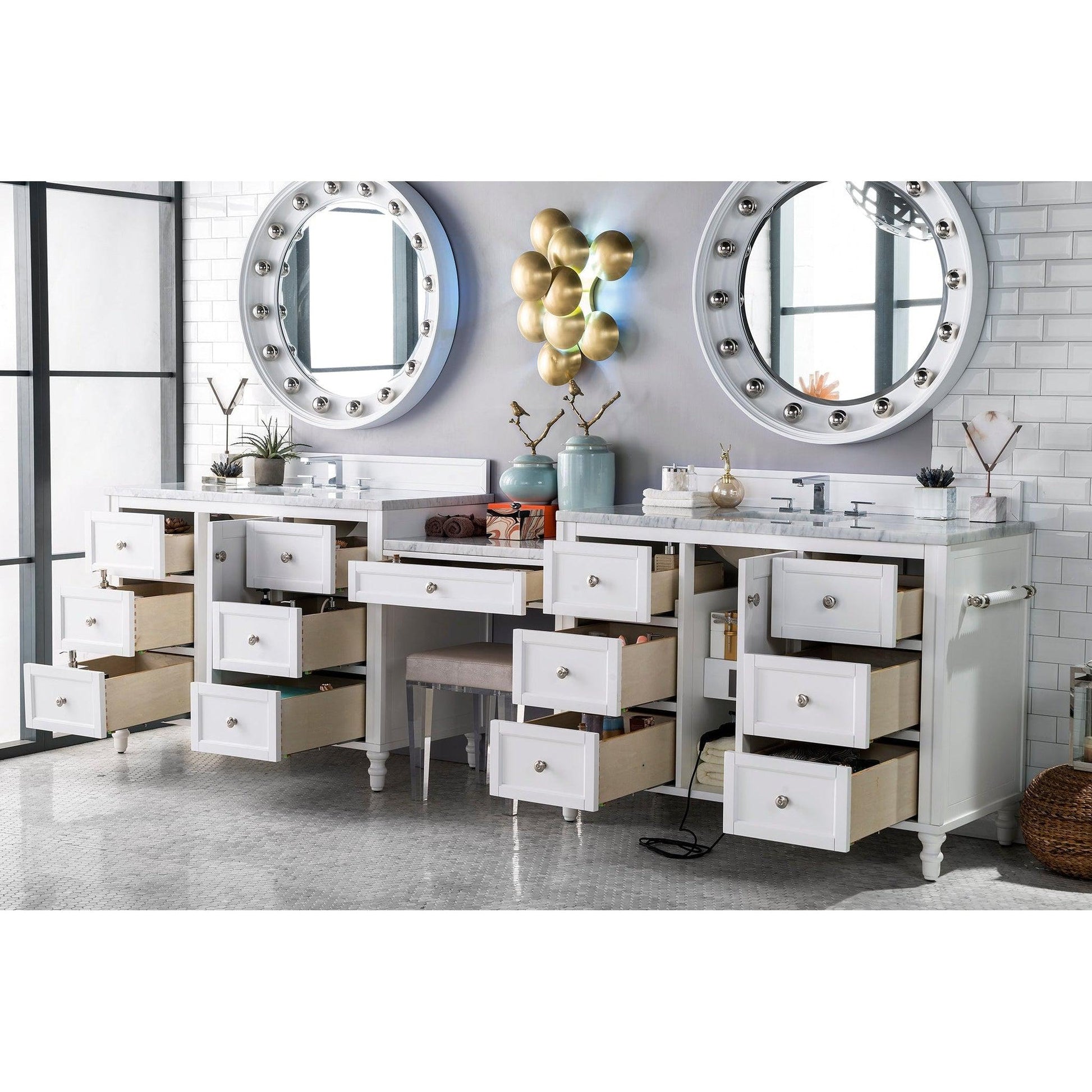 James Martin Vanities Copper Cove Encore 122" Bright White Double Vanity Set With Makeup Table, 3cm Carrara Marble Top