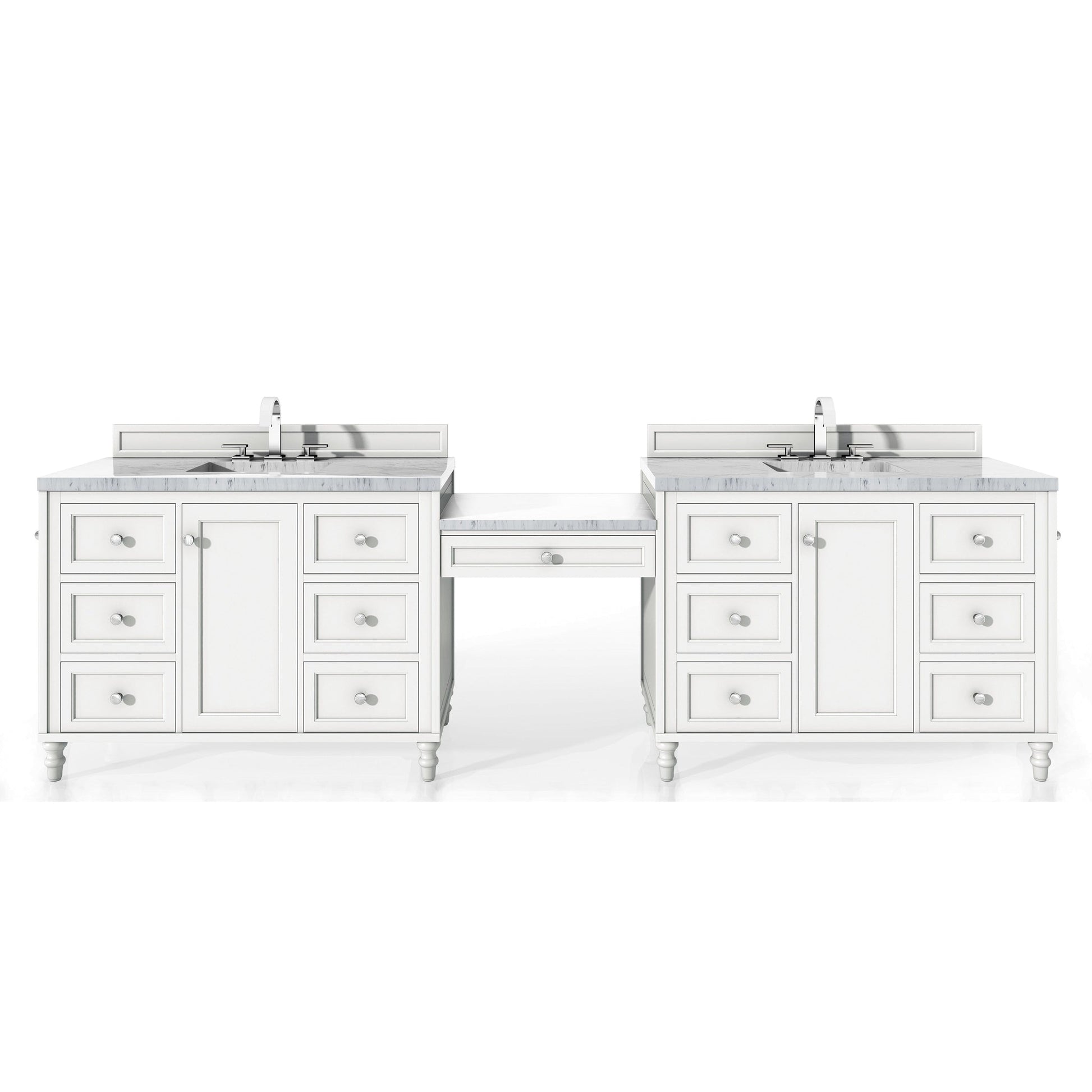 James Martin Vanities Copper Cove Encore 122" Bright White Double Vanity Set With Makeup Table, 3cm Carrara Marble Top