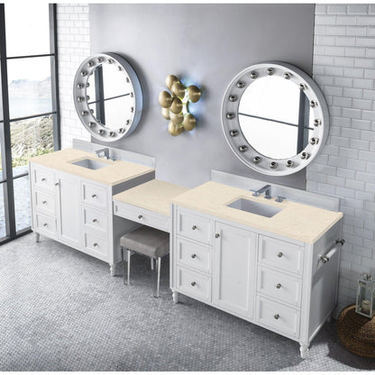 James Martin Vanities Copper Cove Encore 122" Bright White Double Vanity Set With Makeup Table, 3cm Eternal Marfil Quartz Top