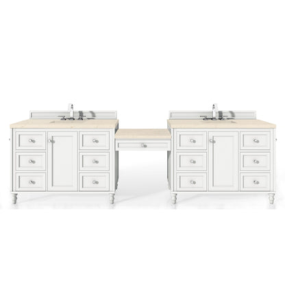 James Martin Vanities Copper Cove Encore 122" Bright White Double Vanity Set With Makeup Table, 3cm Eternal Marfil Quartz Top