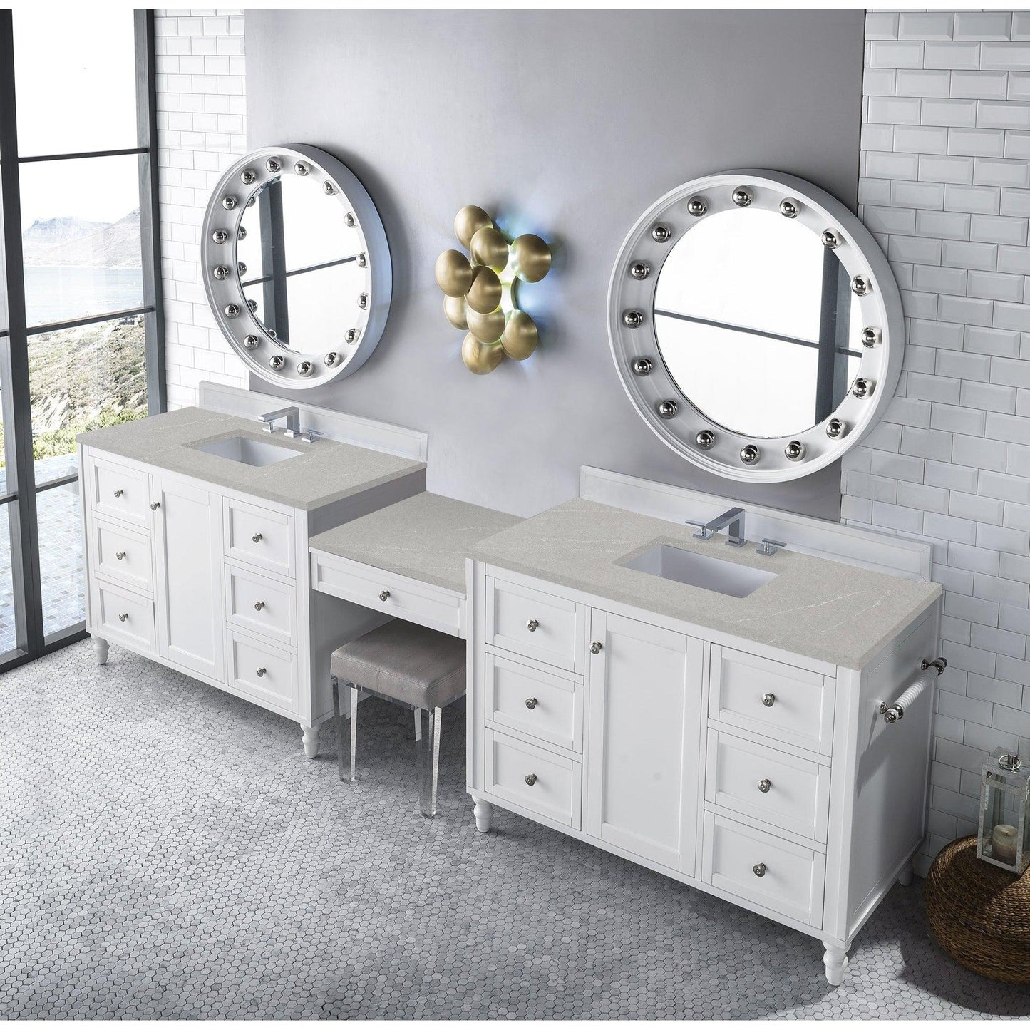 James Martin Vanities Copper Cove Encore 122" Bright White Double Vanity Set With Makeup Table, 3cm Eternal Serena Quartz Top