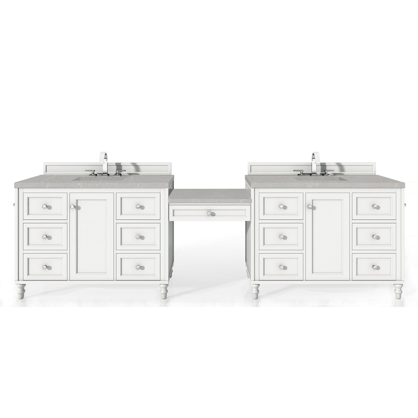 James Martin Vanities Copper Cove Encore 122" Bright White Double Vanity Set With Makeup Table, 3cm Eternal Serena Quartz Top