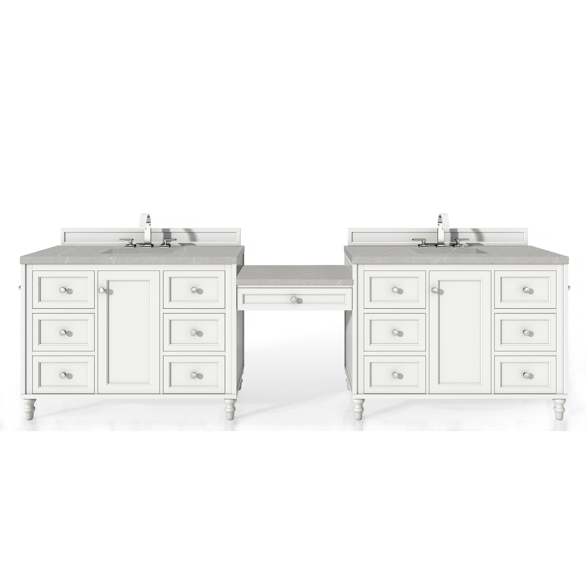 James Martin Vanities Copper Cove Encore 122" Bright White Double Vanity Set With Makeup Table, 3cm Eternal Serena Quartz Top