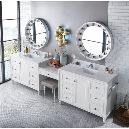 James Martin Vanities Copper Cove Encore 122" Bright White Double Vanity Set With Makeup Table, 3cm White Zeus Quartz Top