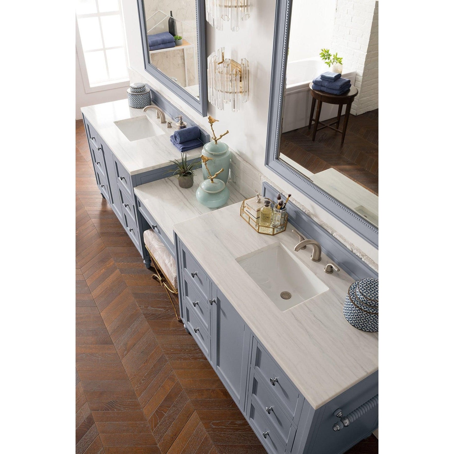 James Martin Vanities Copper Cove Encore 122" Silver Gray Double Vanity Set With Makeup Table, 3cm Arctic Fall Solid Surface Top