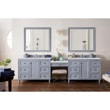 James Martin Vanities Copper Cove Encore 122" Silver Gray Double Vanity Set With Makeup Table, 3cm Carrara Marble Top