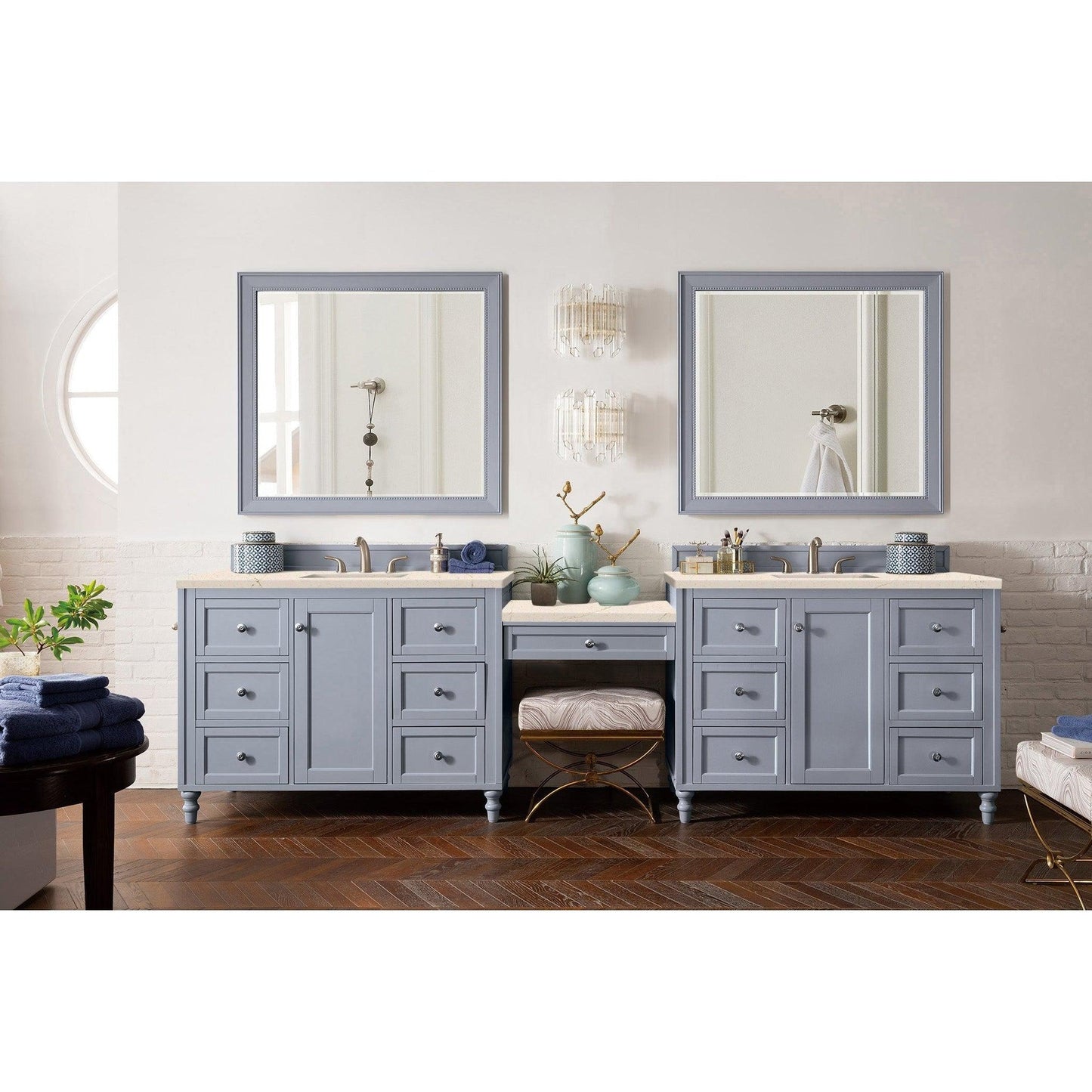 James Martin Vanities Copper Cove Encore 122" Silver Gray Double Vanity Set With Makeup Table, 3cm Eternal Marfil Quartz Top