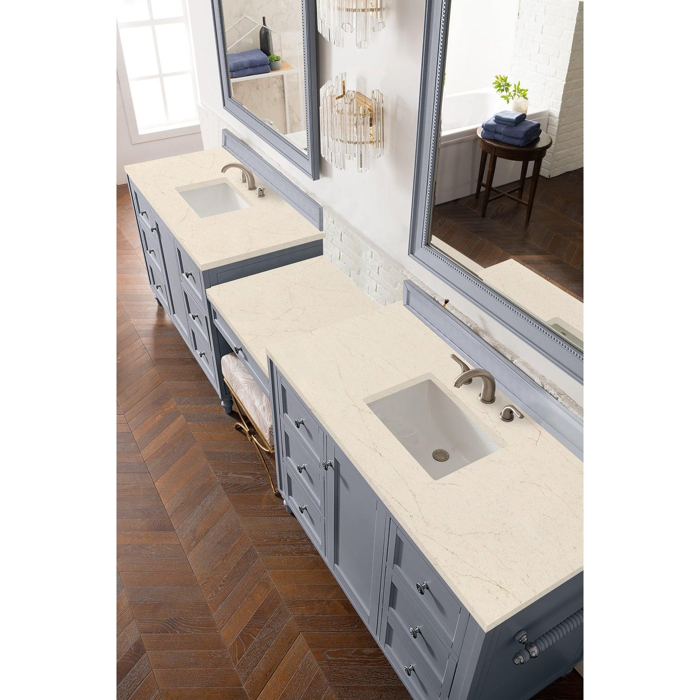 James Martin Vanities Copper Cove Encore 122" Silver Gray Double Vanity Set With Makeup Table, 3cm Eternal Marfil Quartz Top