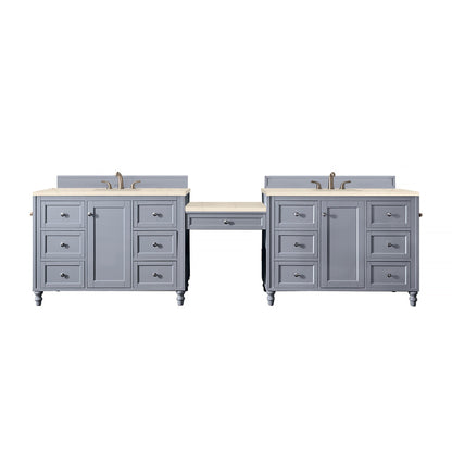 James Martin Vanities Copper Cove Encore 122" Silver Gray Double Vanity Set With Makeup Table, 3cm Eternal Marfil Quartz Top