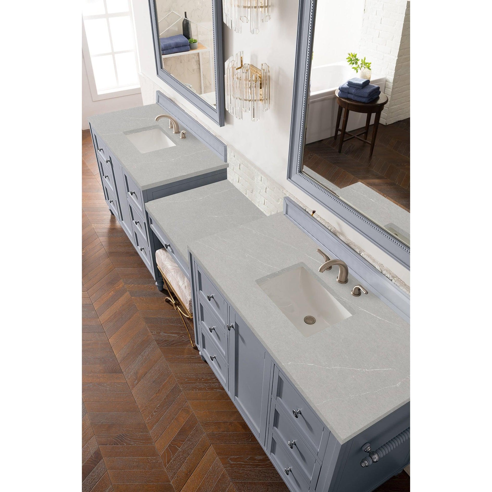 James Martin Vanities Copper Cove Encore 122" Silver Gray Double Vanity Set With Makeup Table, 3cm Eternal Serena Quartz Top