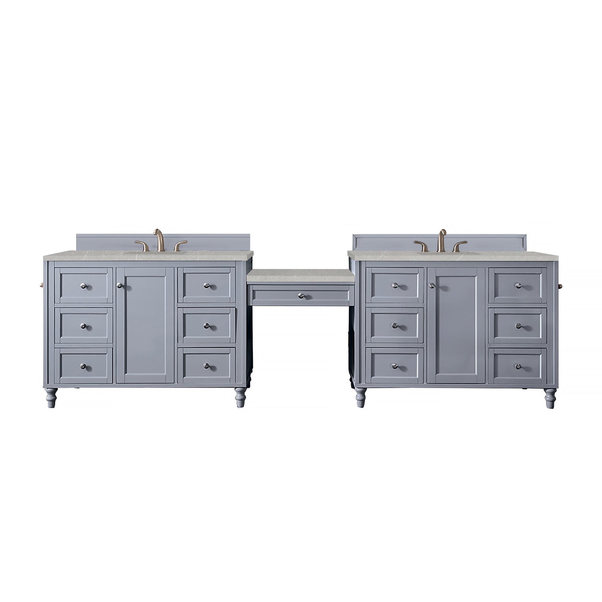 James Martin Vanities Copper Cove Encore 122" Silver Gray Double Vanity Set With Makeup Table, 3cm Eternal Serena Quartz Top