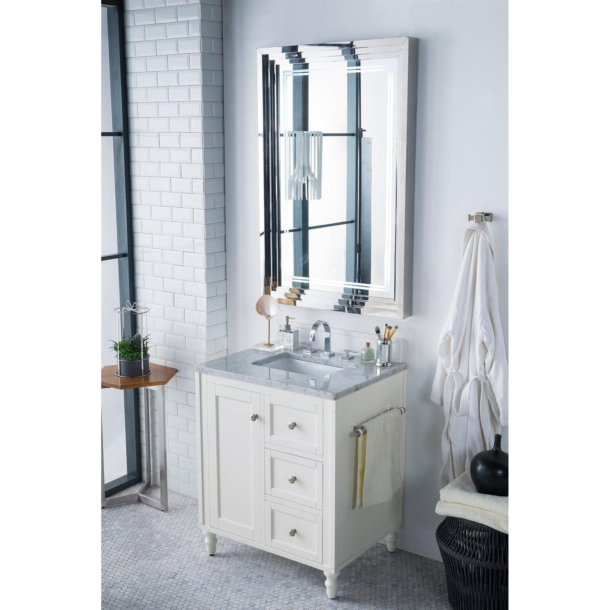 James Martin Vanities Copper Cove Encore 30" Bright White Single Vanity With 3cm Carrara Marble Top