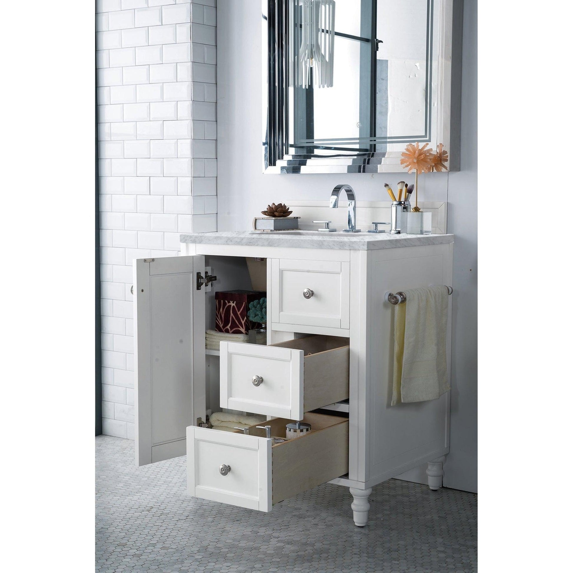 James Martin Vanities Copper Cove Encore 30" Bright White Single Vanity With 3cm Carrara Marble Top