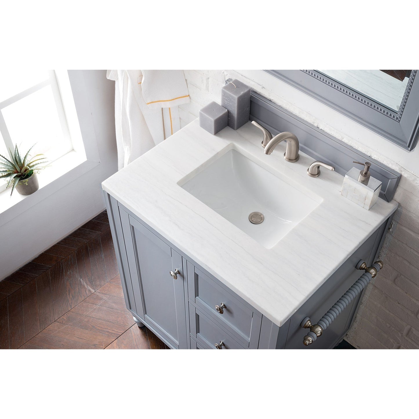 James Martin Vanities Copper Cove Encore 30" Silver Gray Single Vanity With 3cm Arctic Fall Solid Surface Top