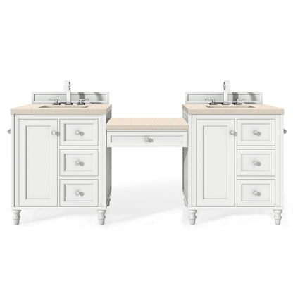 James Martin Vanities Copper Cove Encore 86" Bright White Double Vanity Set With Makeup Table, 3cm Eternal Marfil Quartz Top