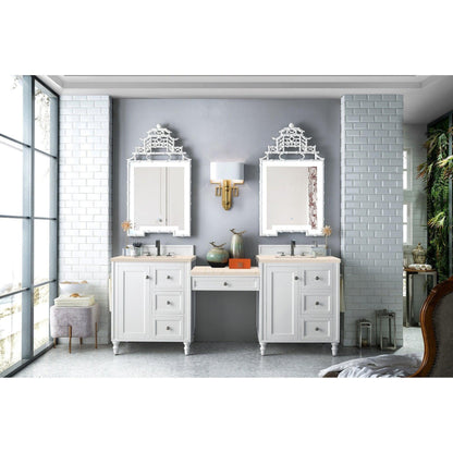 James Martin Vanities Copper Cove Encore 86" Bright White Double Vanity Set With Makeup Table, 3cm Eternal Marfil Quartz Top